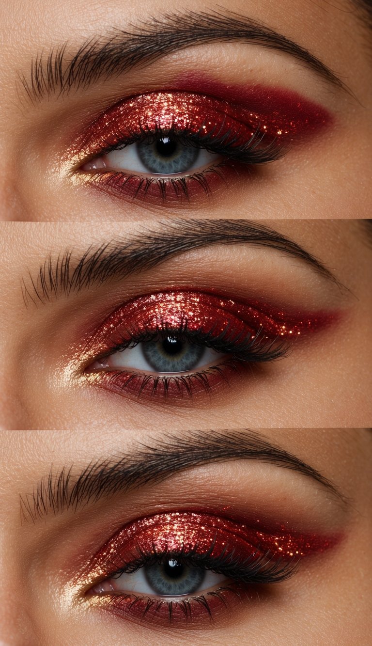 A close-up of swirling red eyeshadow with glitter accents