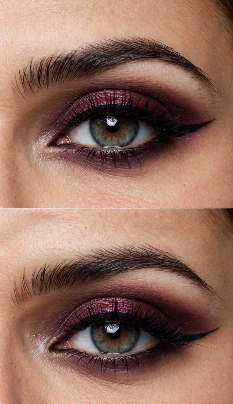 A close-up of a pair of eyes with deep maroon eyeshadow and smoky eyeliner, creating a romantic and sultry look for a date night
