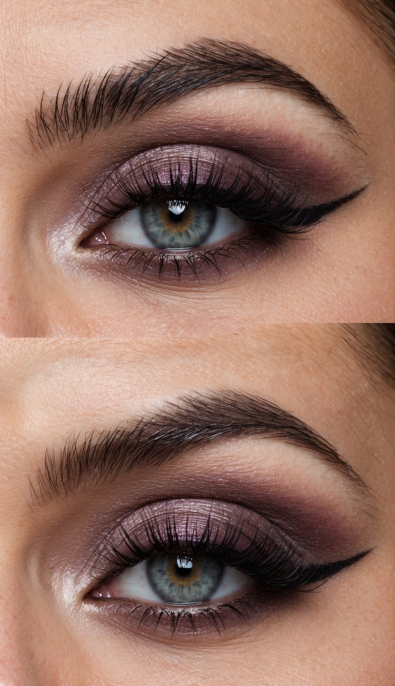 A close-up of a sultry eye with dusky mauve shades and smoky accents, creating a romantic and alluring date night makeup look
