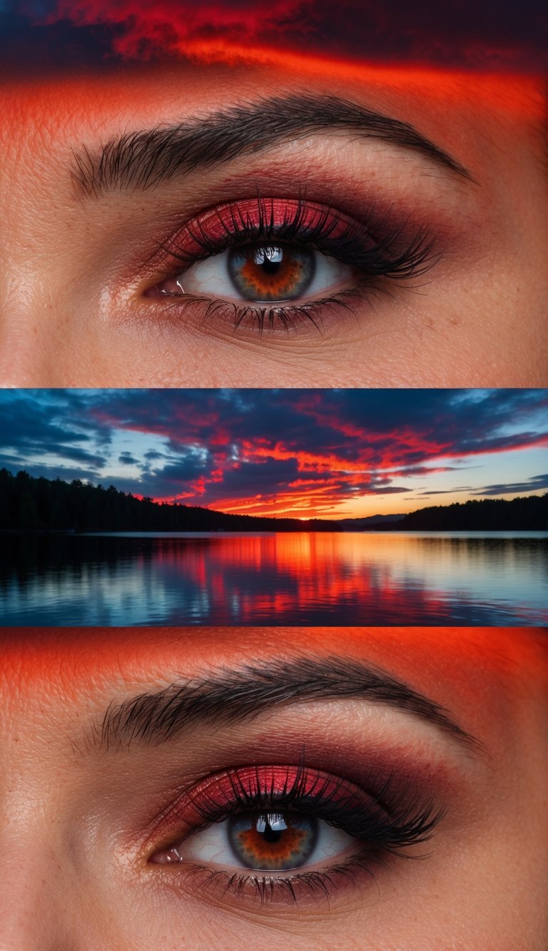 A fiery red sunset over a tranquil lake, reflecting the bold and dramatic hues of the sky