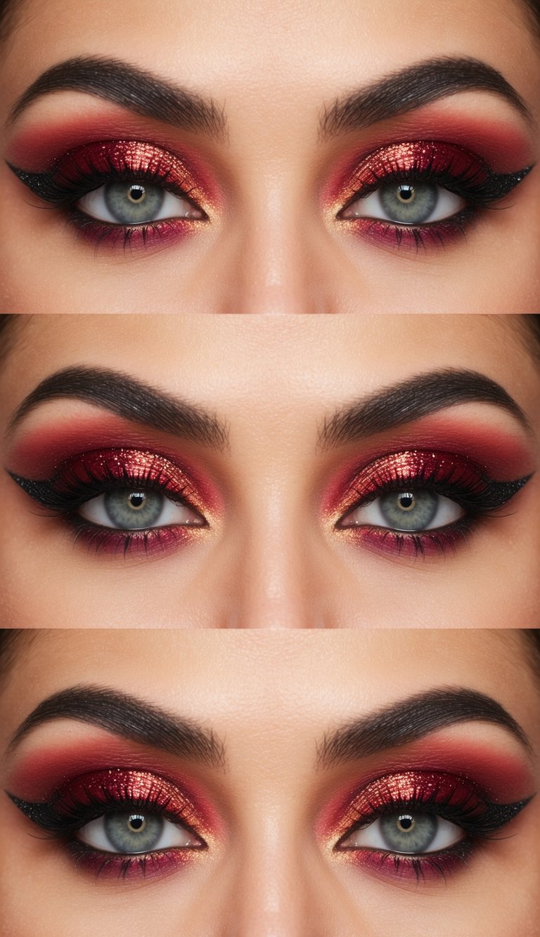 A close-up of a vintage red eye makeup look with dramatic hues and glitter accents