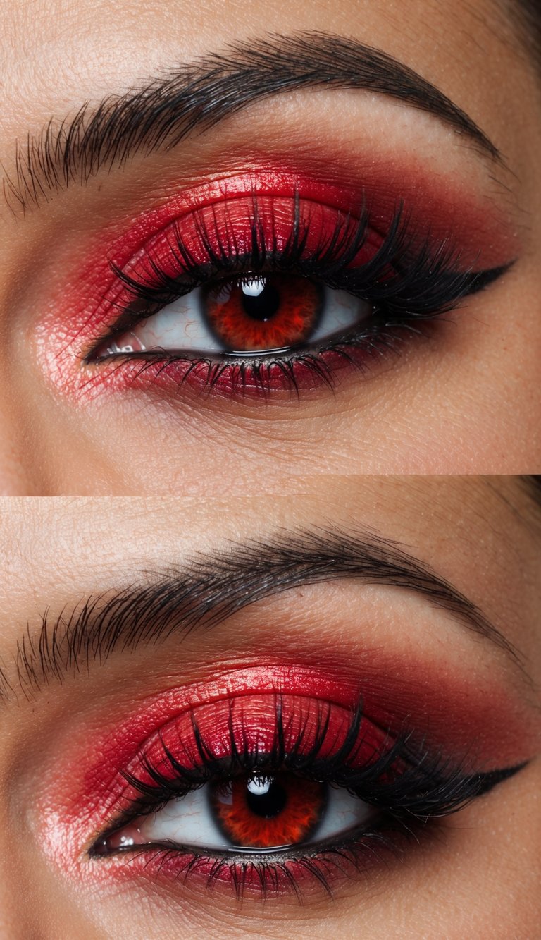 A close-up of a striking red eye makeup look with shimmering and bold hues