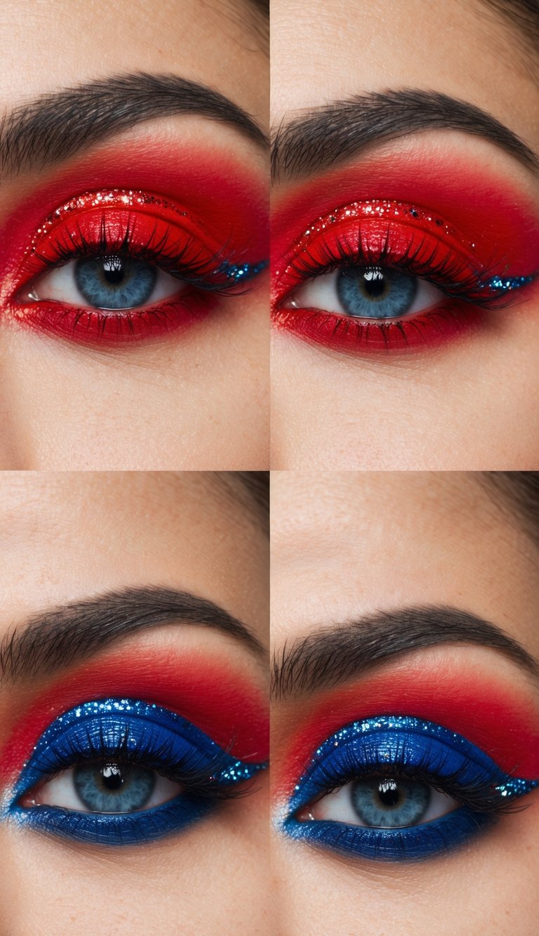 A close-up of vibrant red and blue eye makeup with glittery accents