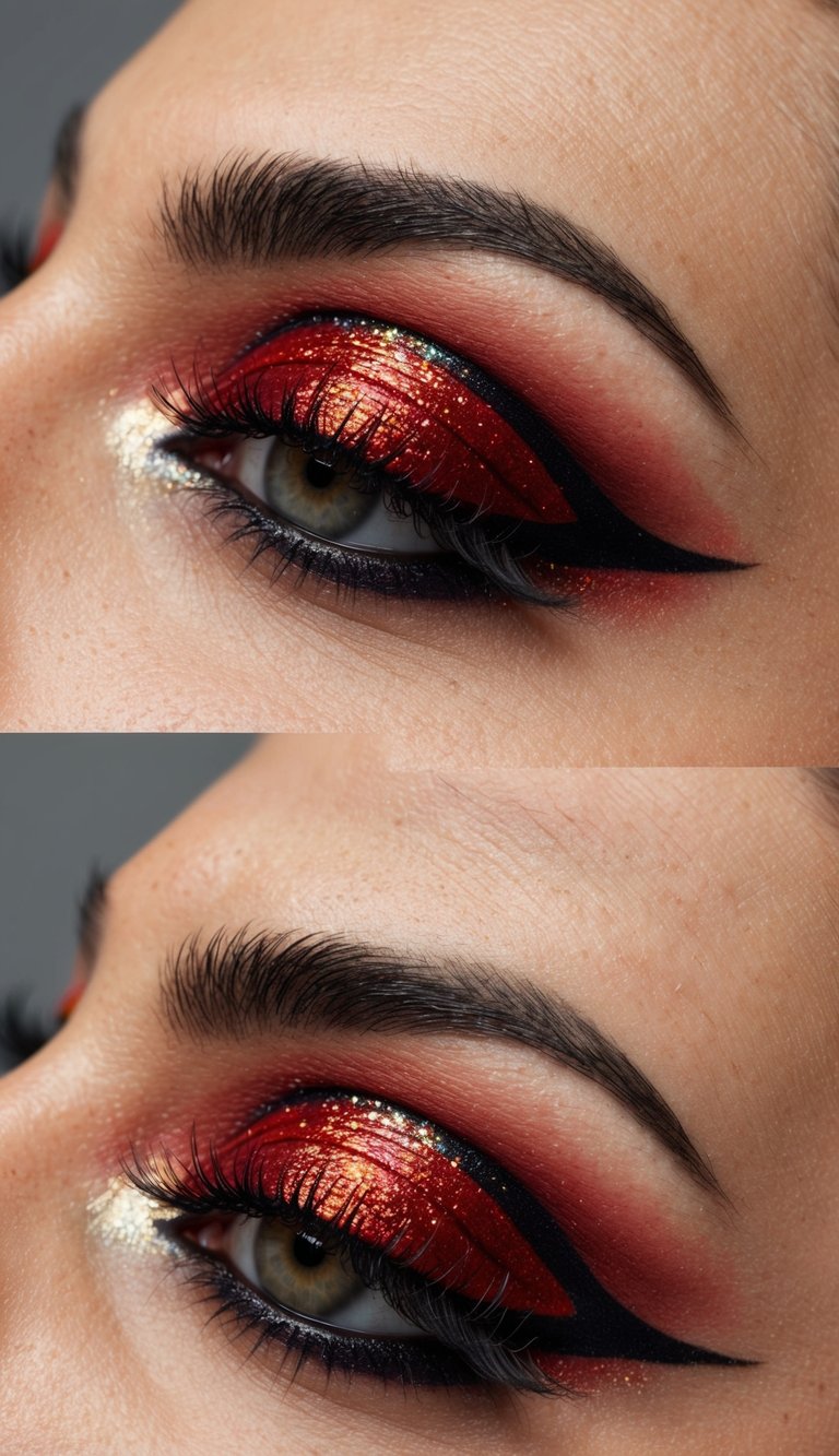 A close-up of bold red eye makeup with dramatic hues and glitter, creating a daring and edgy look