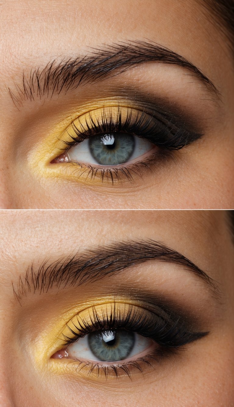 A close-up of a pair of eyelids with buttercup yellow eyeshadow and a smoky effect, perfect for a romantic date night