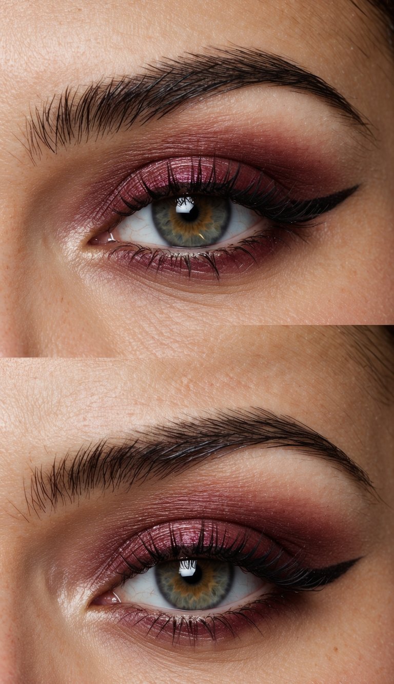 A close-up of a pair of eyes with cranberry colored eyeshadow, creating a sultry and romantic look