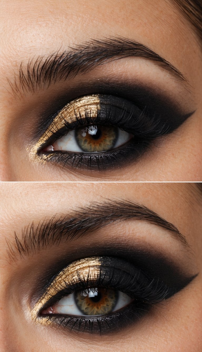 A close-up of a dramatic eye with black and gold eyeshadow, creating a smoky and romantic look for a date night