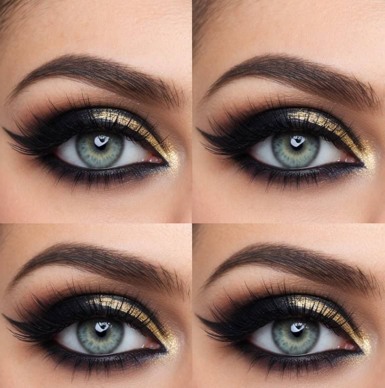 Shimmering gold lids with bold black liner and a smoky lower lash line for a Cleopatra costume.
