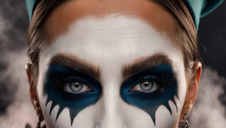This dramatic look features bold eye art in blue framed by a stark white face base for a deranged nurse costume