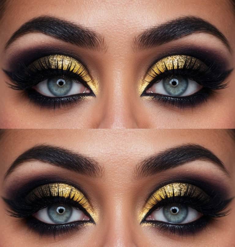 Black and gold shadow framed by winged liner provides a high-impact finish for a Halloween ensemble