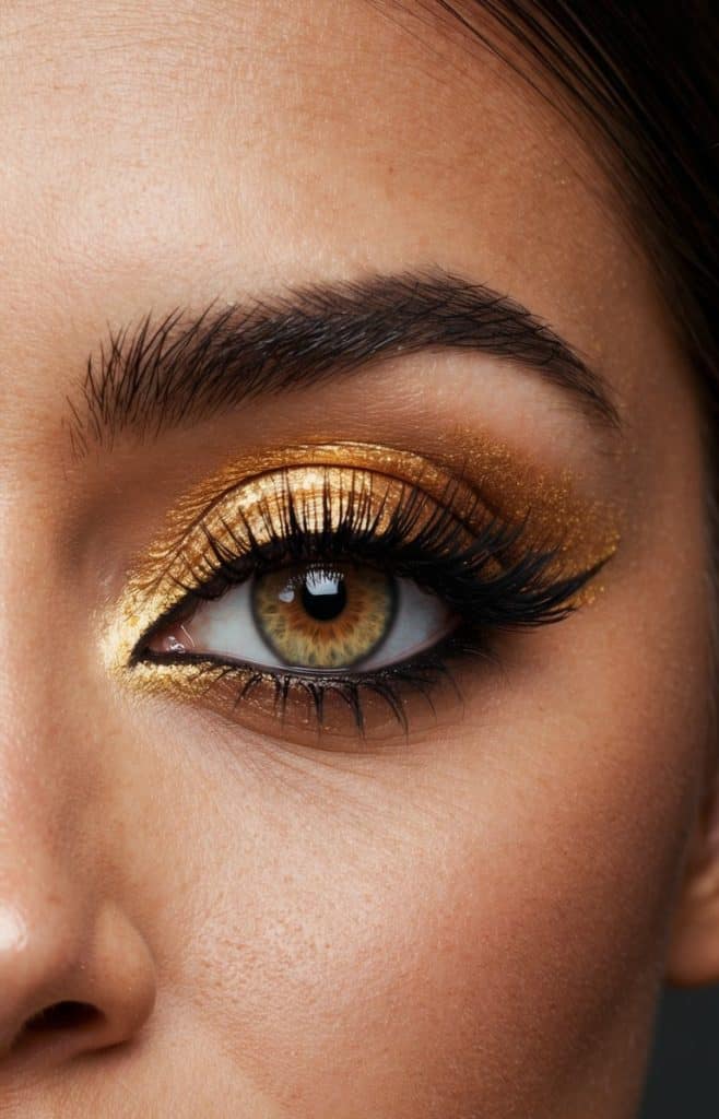 A close-up of an eye with bold and creative Halloween makeup, featuring golden shadow