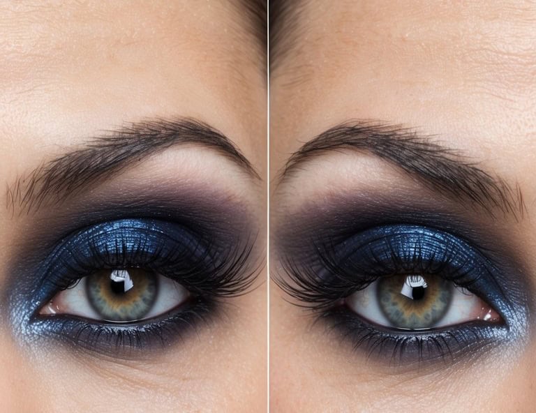 this striking look blends shimmering navy and deep black shadows for a smoky, celestial effect