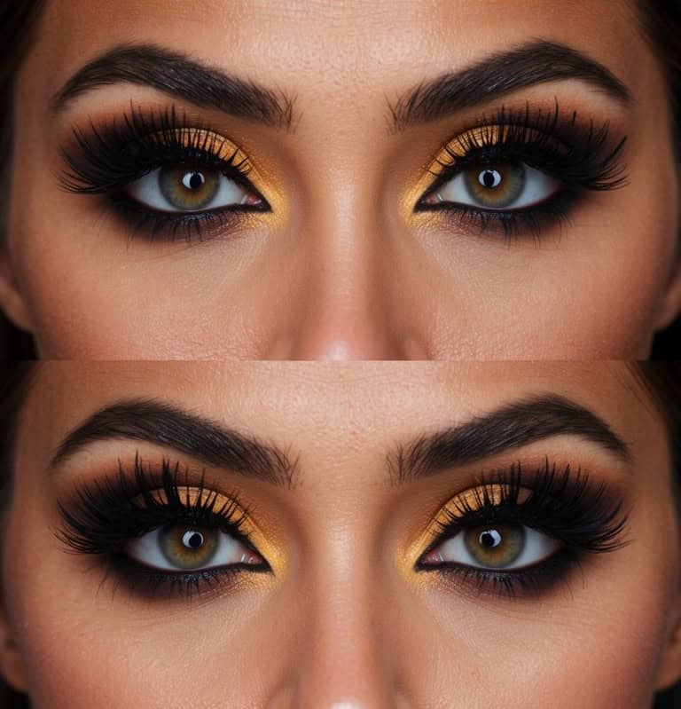 Orange and black shadows with dramatic false lashes and bold liner can capture the fun vibe of a Jack O' Lantern. 