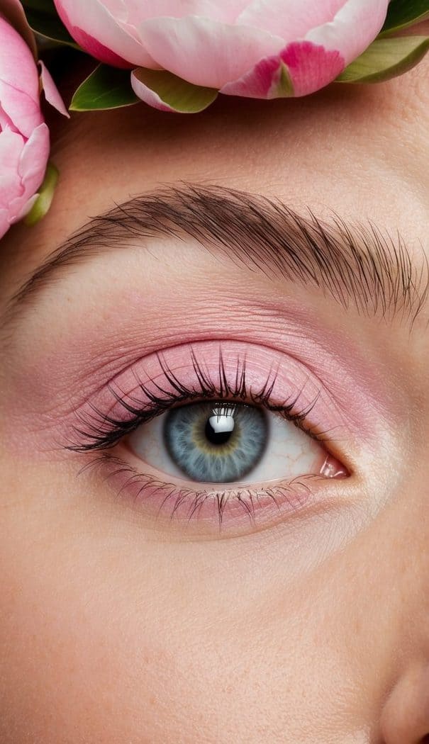 A close-up of an eye with pastel pink matte shadow, surrounded by blooming peonies and spring foliage