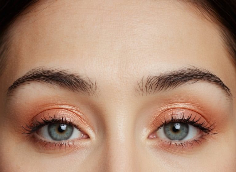 A close-up of a pair of eyes with effervescent coral eyeshadow, highlighting a simple and natural spring makeup look