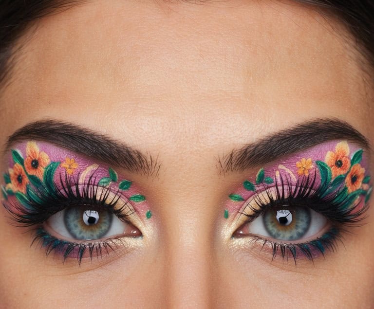 This vibrant spring look showcases intricate floral art paired with bold colors and dramatic lashes