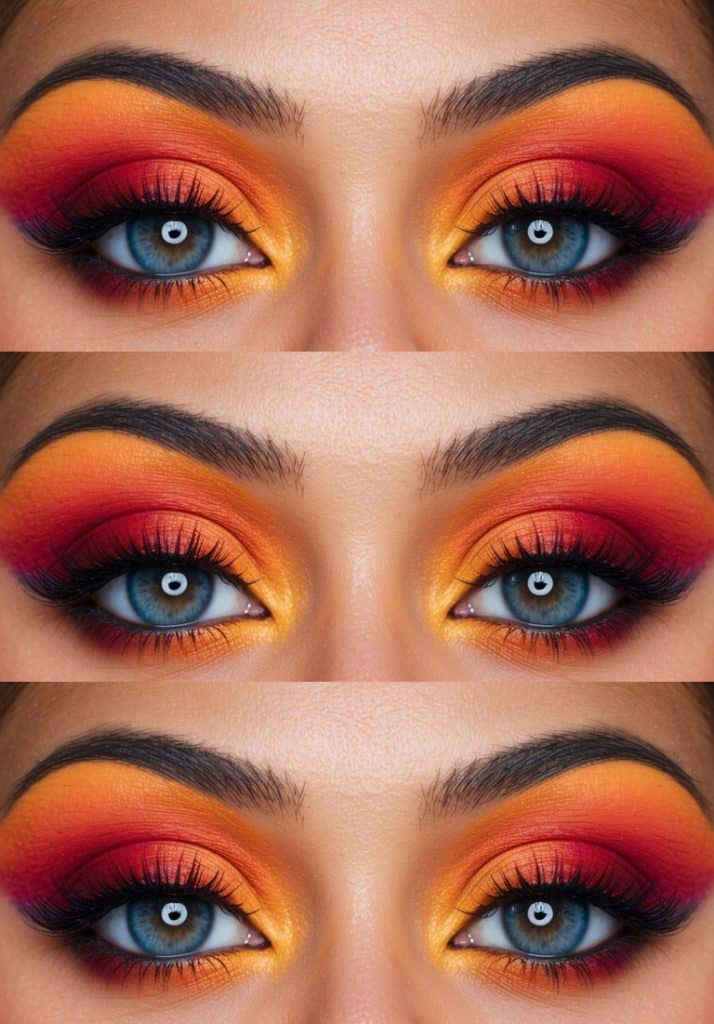 Blazing yellows, vibrant oranges, and deep reds blended into a dramatic ombre recreate the beauty of a fiery sunset in this eye makeup look