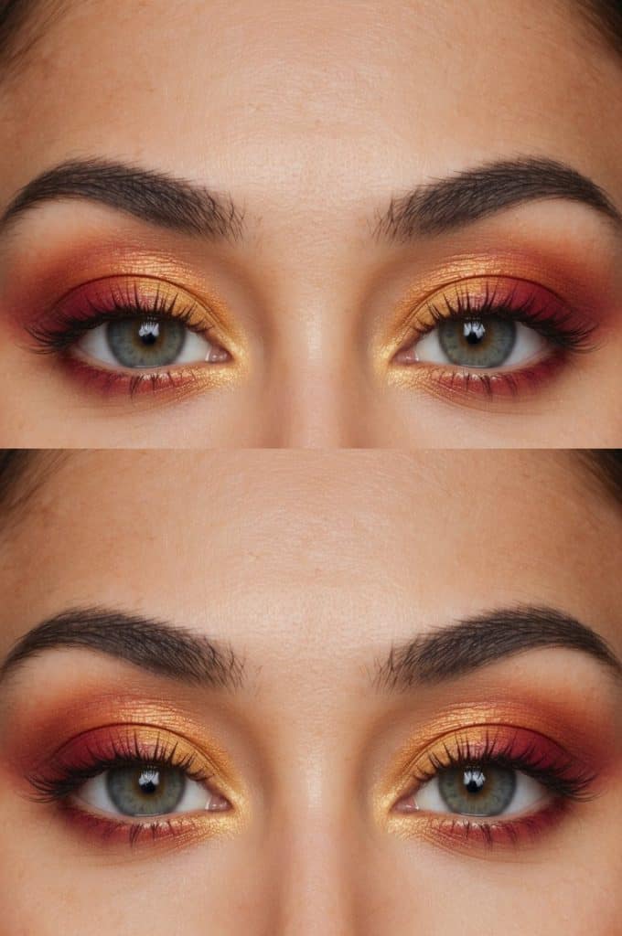 A close-up of a pair of eyes with sunset-inspired ombre eye makeup, featuring shades of scarlet, orange, and gold blending seamlessly together