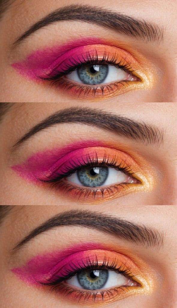A vibrant sunset eye look with shades of pink, orange, and gold blending together, creating a stunning ombre effect