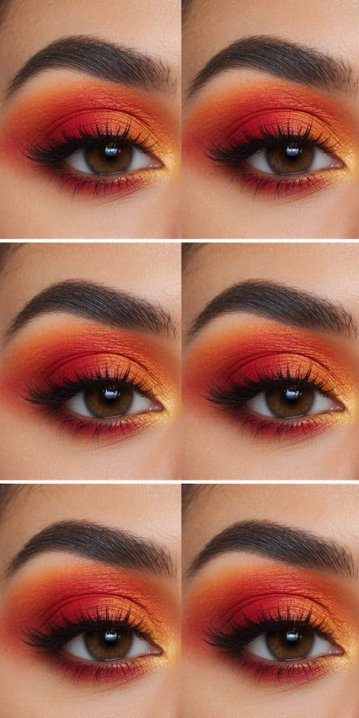 A fiery sunset ombre eye makeup look with vibrant hues of red, orange, and gold blending together seamlessly