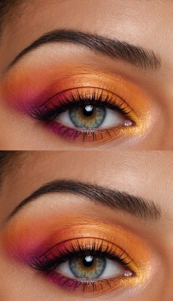 A vibrant sunset ombre eye makeup look with orange, pink, purple, and gold
