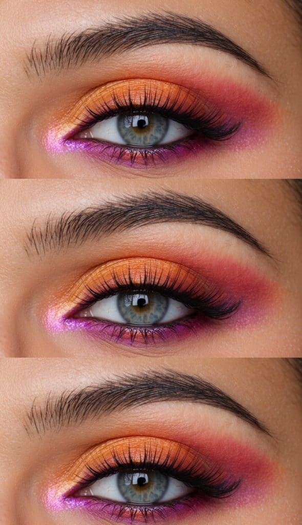 Pink, orange, and red shadows blended together, with purple eyeshadow on the lower lash line and a touch of shimmer