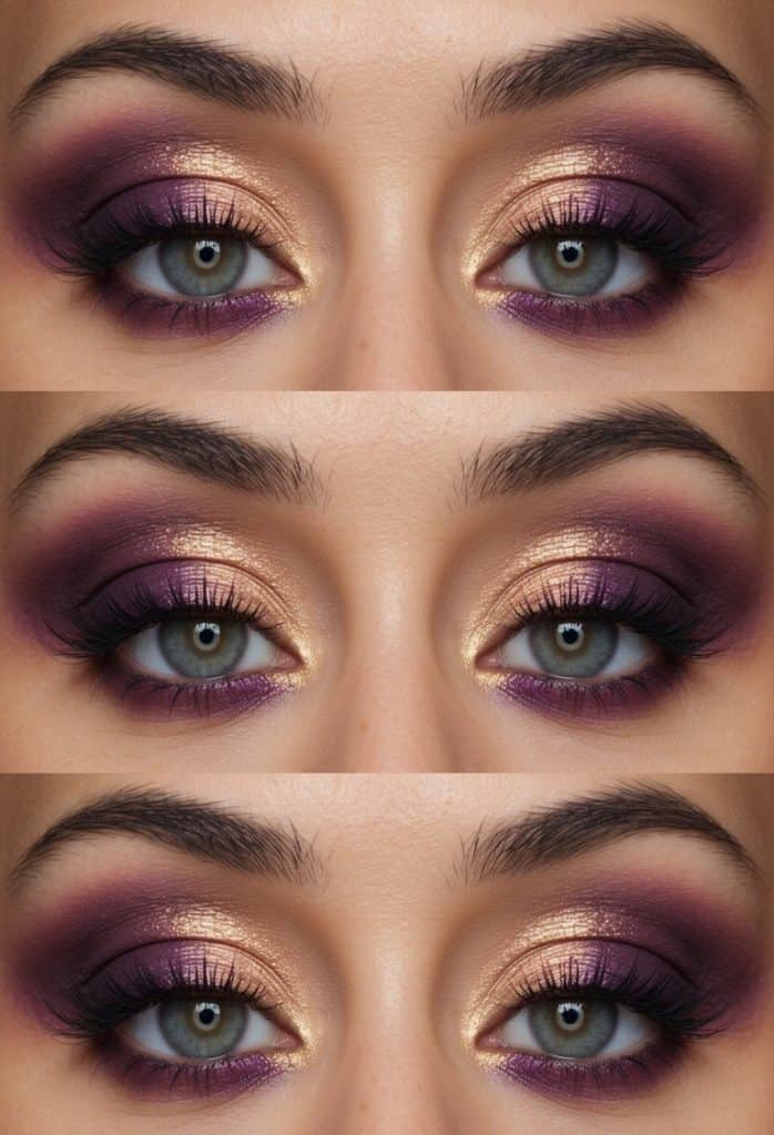 Rich and deep purple shadow blend seamlessly with shimmering gold for a subtle yet glamorous sunset-inspired eye look.