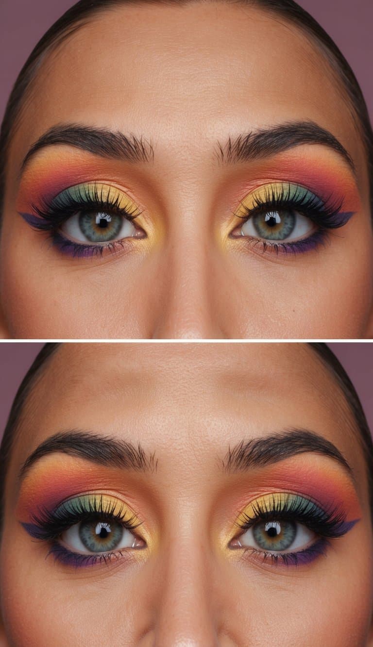 Vibrant sunset ombre eye makeup on a mauve horizon background