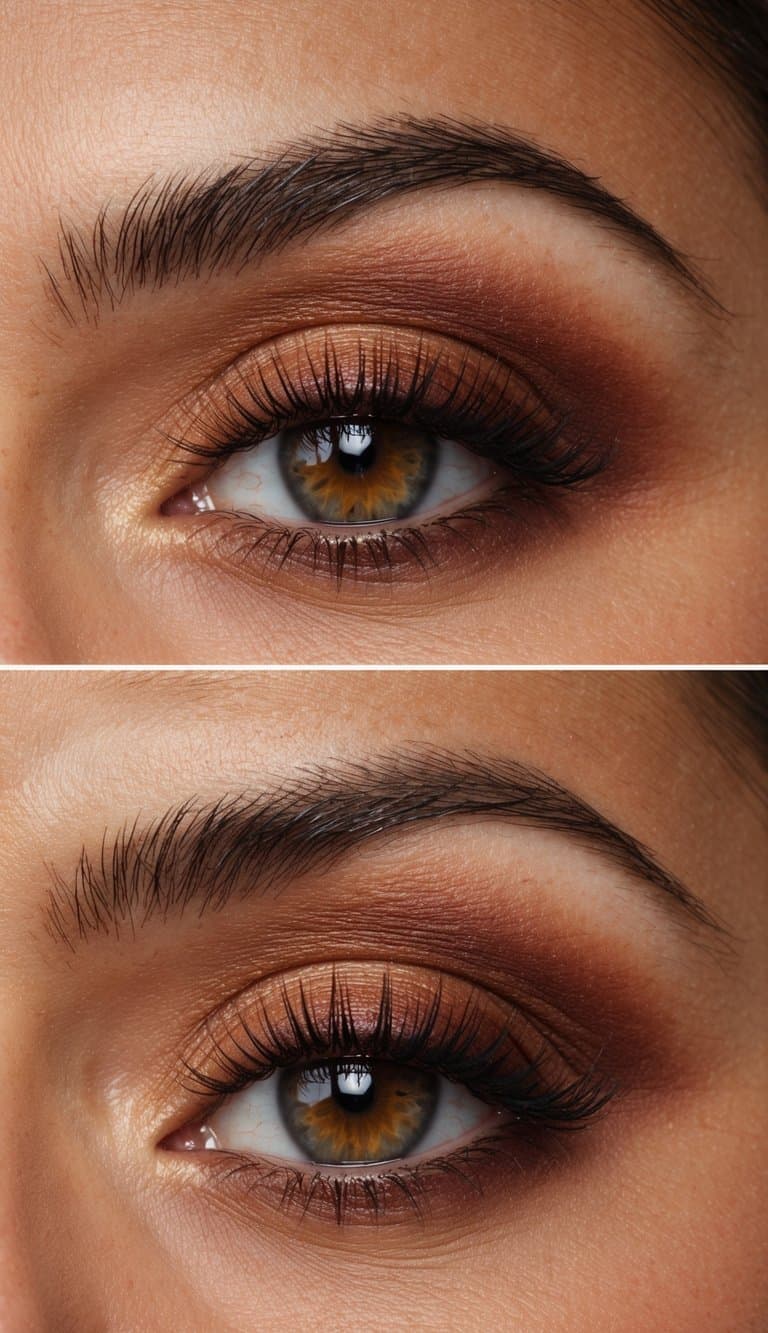 A terracotta-hued sunset ombre eye makeup look, with warm tones blending into a deep, rich sunset-inspired color palette