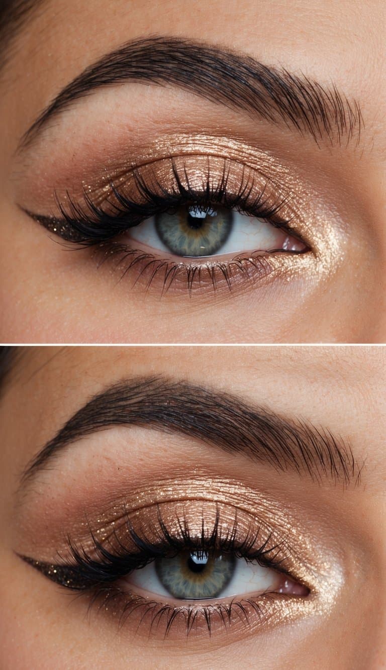 A close-up of a shimmering rose gold smokey eye makeup look with soft, blended edges, highlighted with a touch of sparkle for a romantic Valentine's Day vibe