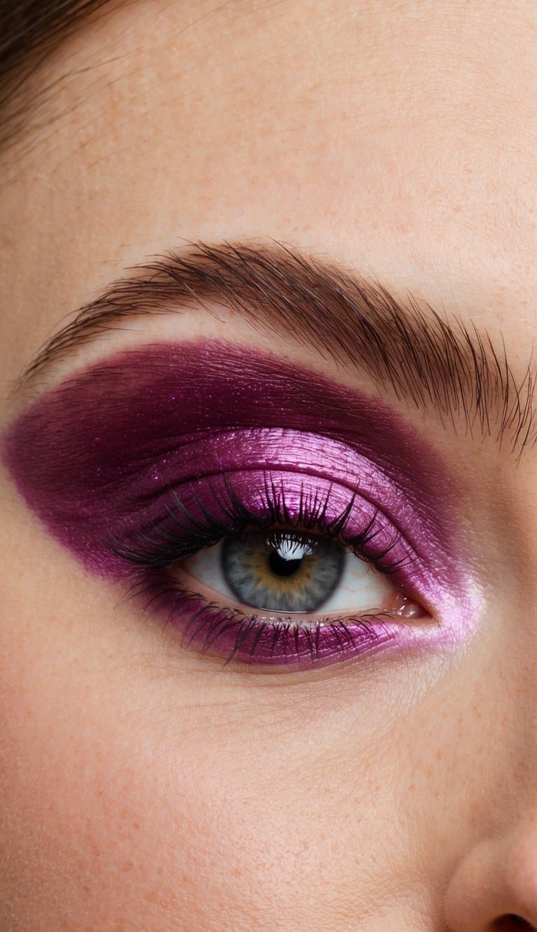 A close-up of velvety purple eyeshadow blending into a soft pink, with a hint of shimmer, creating a romantic Valentine's Day eye makeup look