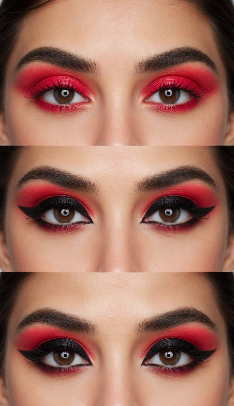 A close-up of a bold red and black eye makeup look with romantic Valentine's Day theme