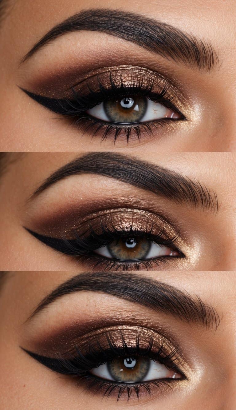 A close-up of a sultry brown smokey eye makeup look with shimmering eyeshadow and defined eyeliner, perfect for Valentine's Day