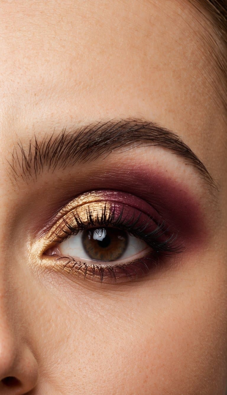 Deep plum and gold eyeshadows blended on a romantic Valentine's Day themed eye makeup look