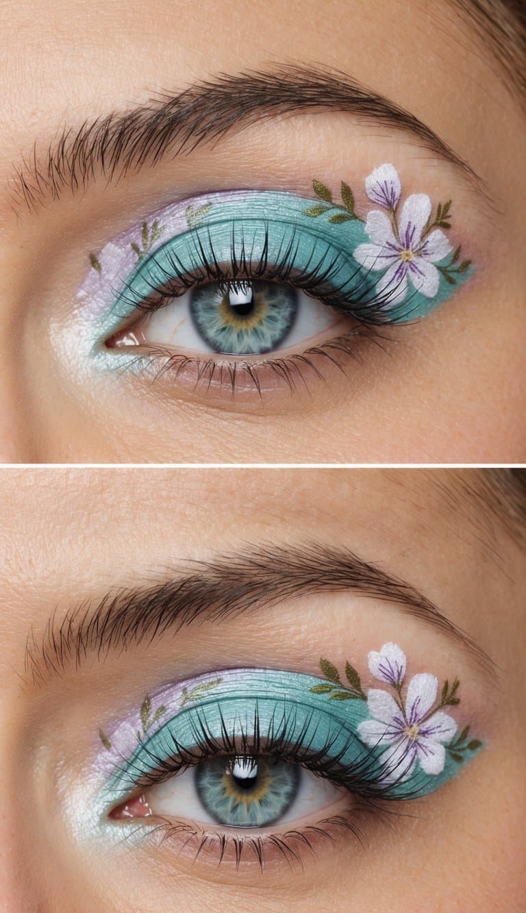 A close-up of an eye with pastel-colored eyeshadow in shades of aqua and lavender, accented with delicate floral designs