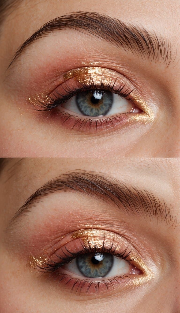 Soft peach eyeshadow blending into a rosy pink, accented with shimmering gold