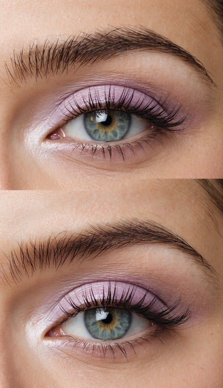 A close-up of a pair of eyes with pastel orchid eyeshadow blending into a soft spring color palette