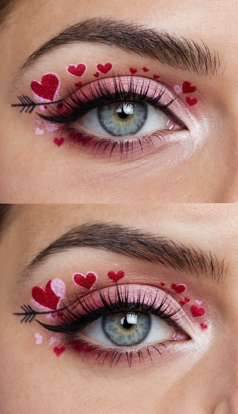 A close-up of a pair of eyes with intricate and romantic Valentine's Day themed makeup, featuring hearts, arrows, and soft pink and red colors