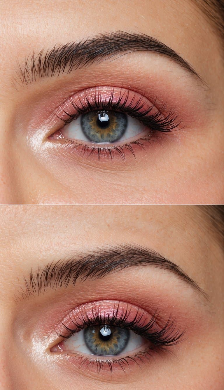 A close-up of a pair of eyes with romantic Valentine's Day themed makeup, featuring soft pink and coral tones with shimmer and glitter accents
