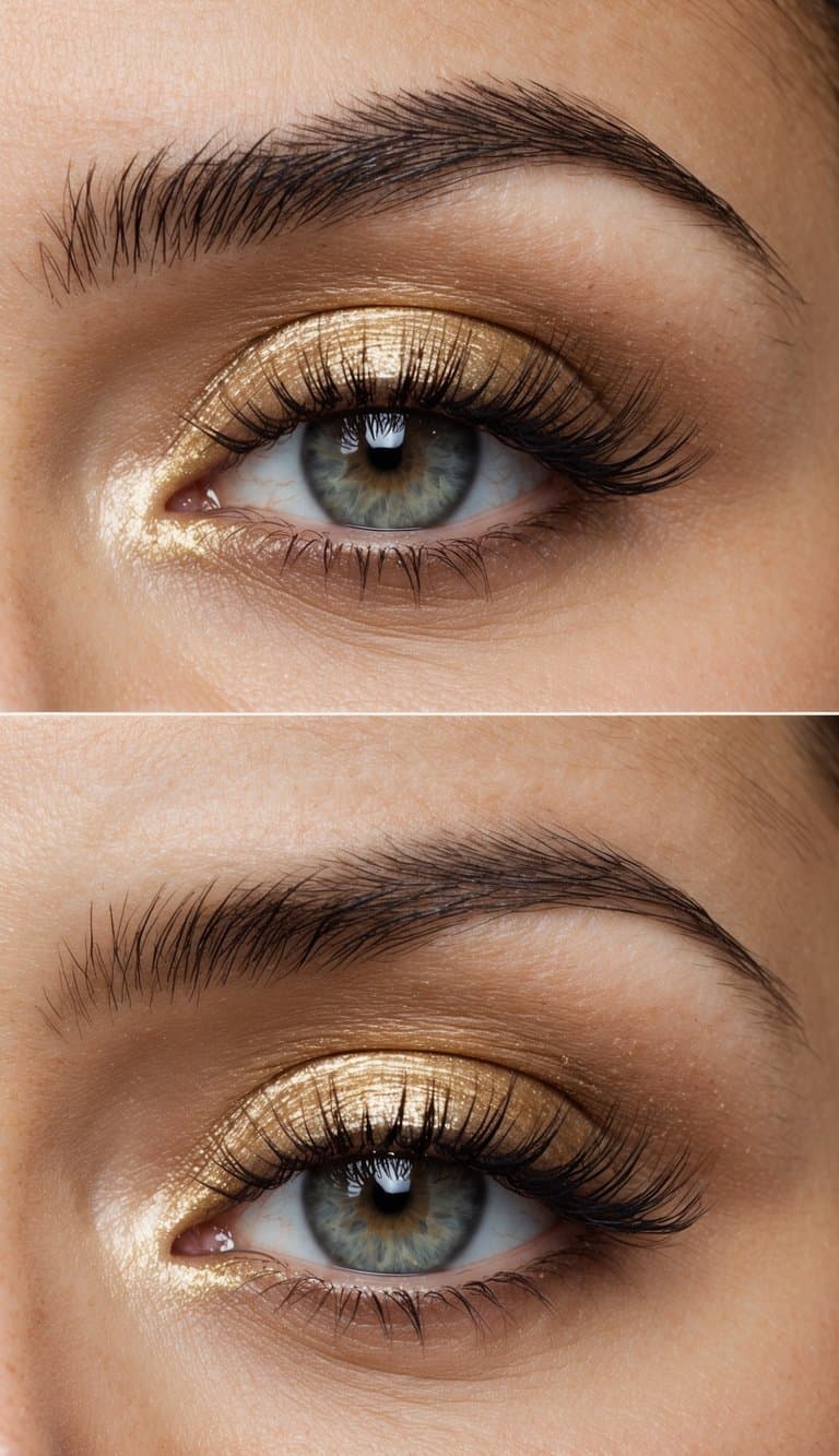 Soft neutral tones blend seamlessly with golden shimmer, creating an elegant and timeless wedding eye makeup look