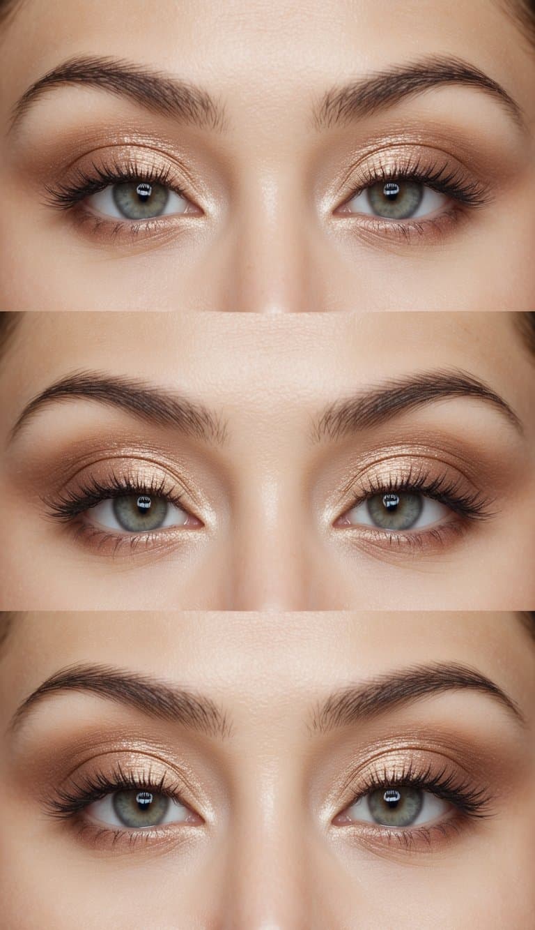 Soft neutral eyeshadow palette with shimmering champagne, taupe, and rose gold tones. A gentle glow on the lids with subtle eyeliner and feathery lashes