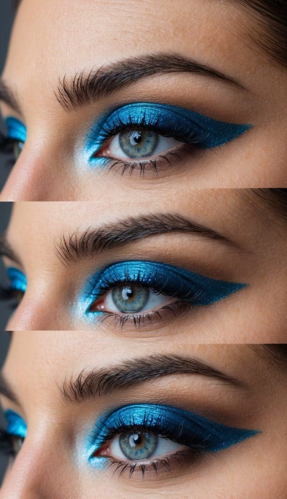 This vibrant prom look features bold metallic blue shadow swept into a sharp winged shape, radiating confidence and energy
