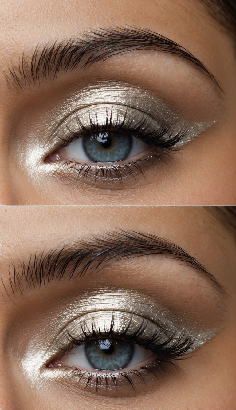 Soft metallic eyeshadows in shades of gold and silver applied to a bride's eyelids, catching the light and creating a timeless and elegant wedding look