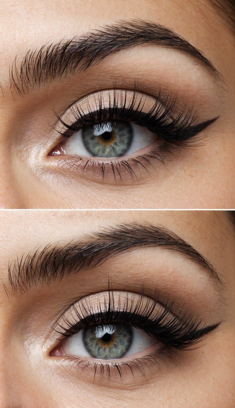 Soft neutral eye shadow blended with flicked eyeliner and long, voluminous lashes