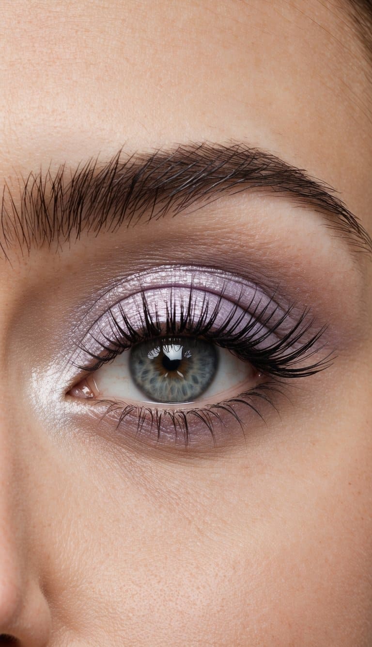 Soft lilac eyeshadow blending with shimmering silver, framed by long lashes and defined brows