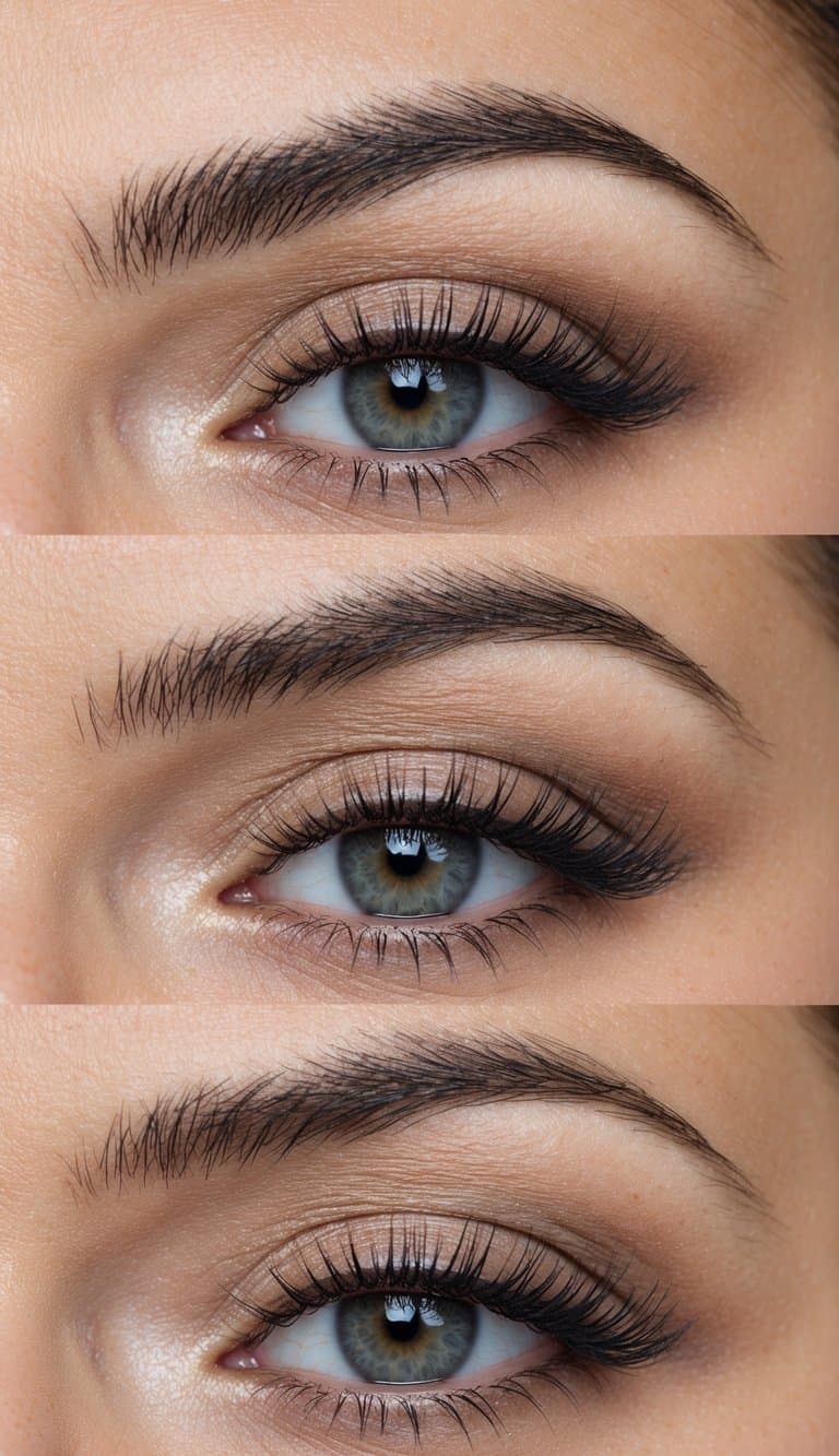 Soft neutral tones blend on eyelids for timeless wedding eye makeup. Highlighted with the halo eye technique