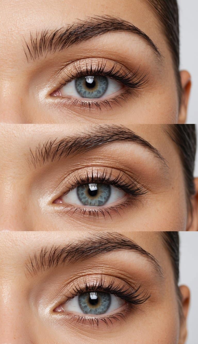 Soft neutral eye makeup palette with peachy tones, shimmering finishes, and delicate blending