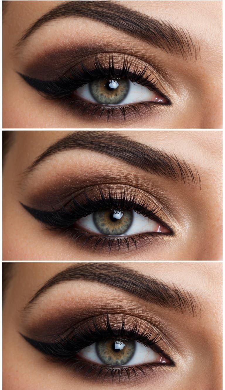 A close-up of a brown smoky eye with dramatic shading and soft neutral highlights