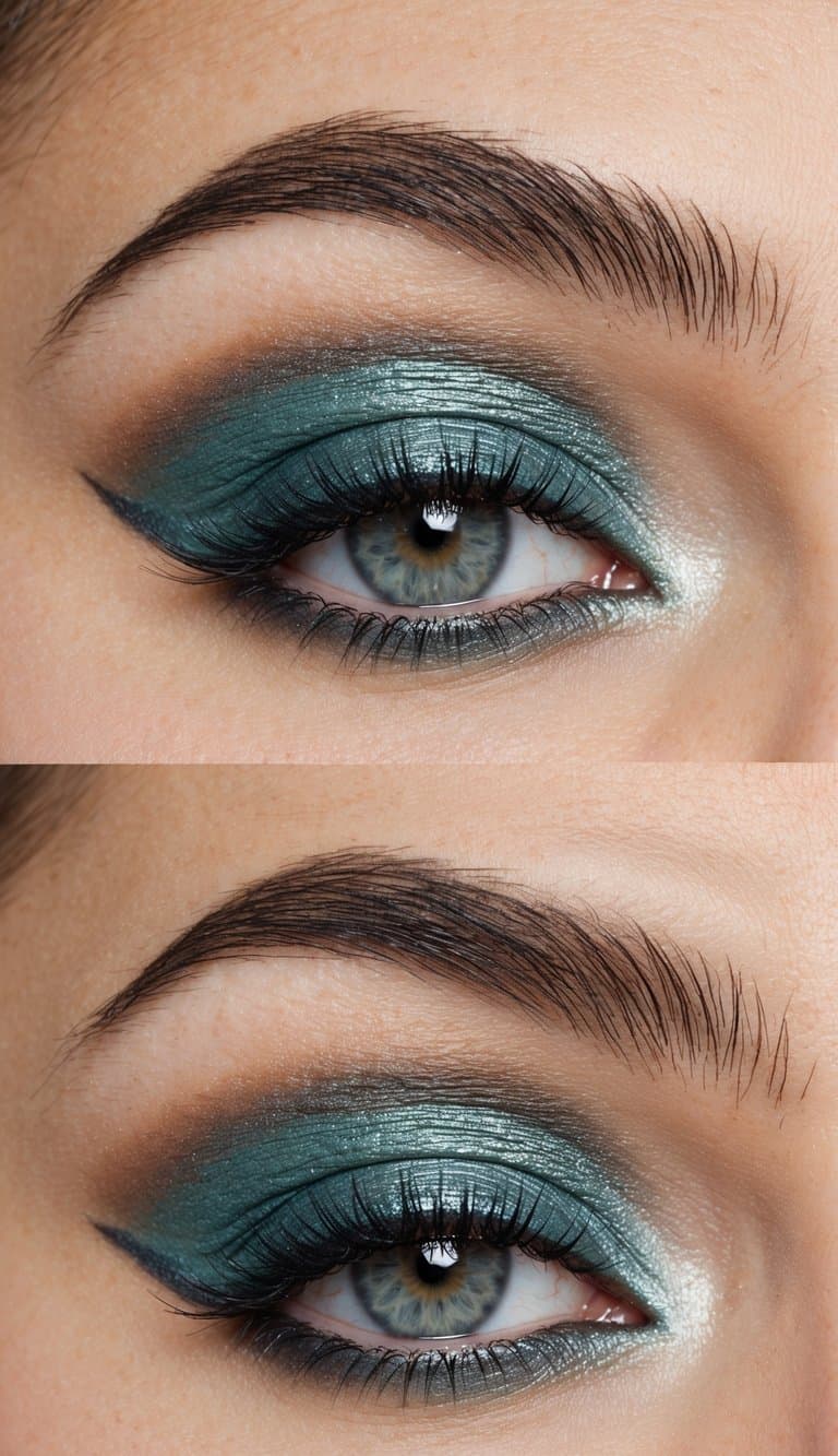 Soft teal eyeshadow blended with neutral tones, accented with shimmering highlights