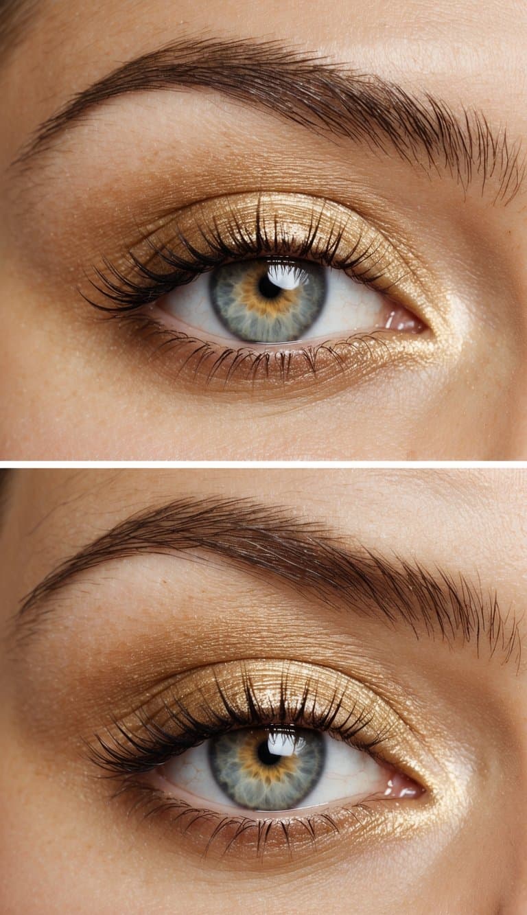 Soft neutral eye shadows in golden hues create a halo effect, with a subtle flare of light illuminating the center